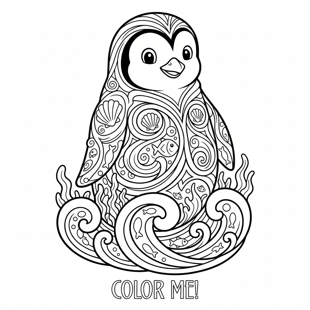Art Nouveau style penguin with flowing decorative lines and ocean motifs - Free Printable Coloring Page