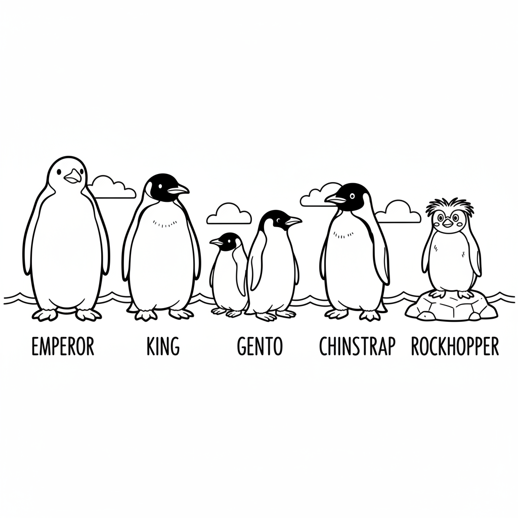 Different penguin species comparison showing emperor king adelie gentoo chinstrap and rockhopper - Free Printable Coloring Page
