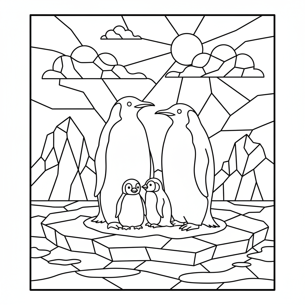 Penguin family scene in stained glass style with bold outlines and ice colors - Free Printable Coloring Page