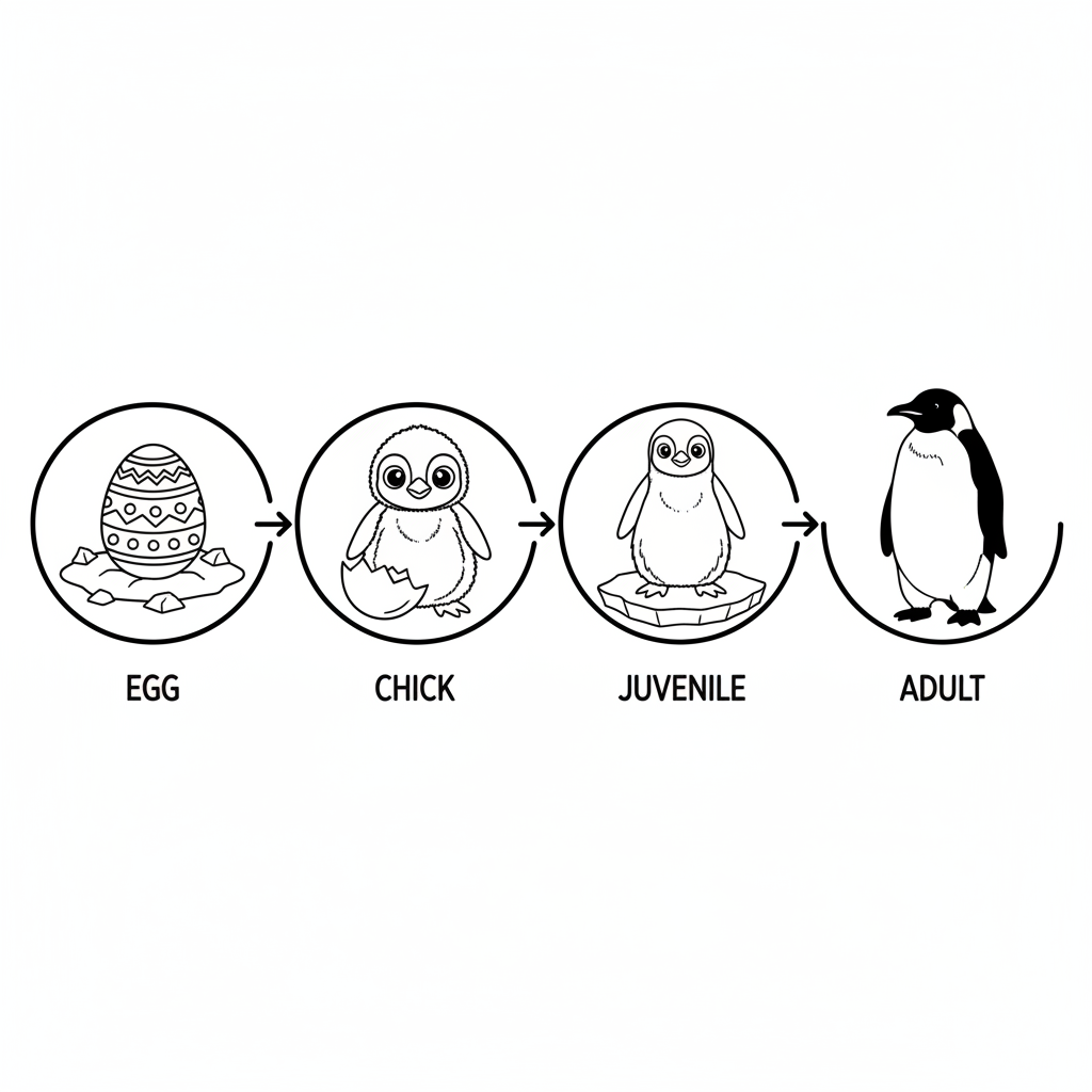 Penguin life cycle from egg to chick to juvenile to adult illustrated in stages - Free Printable Coloring Page
