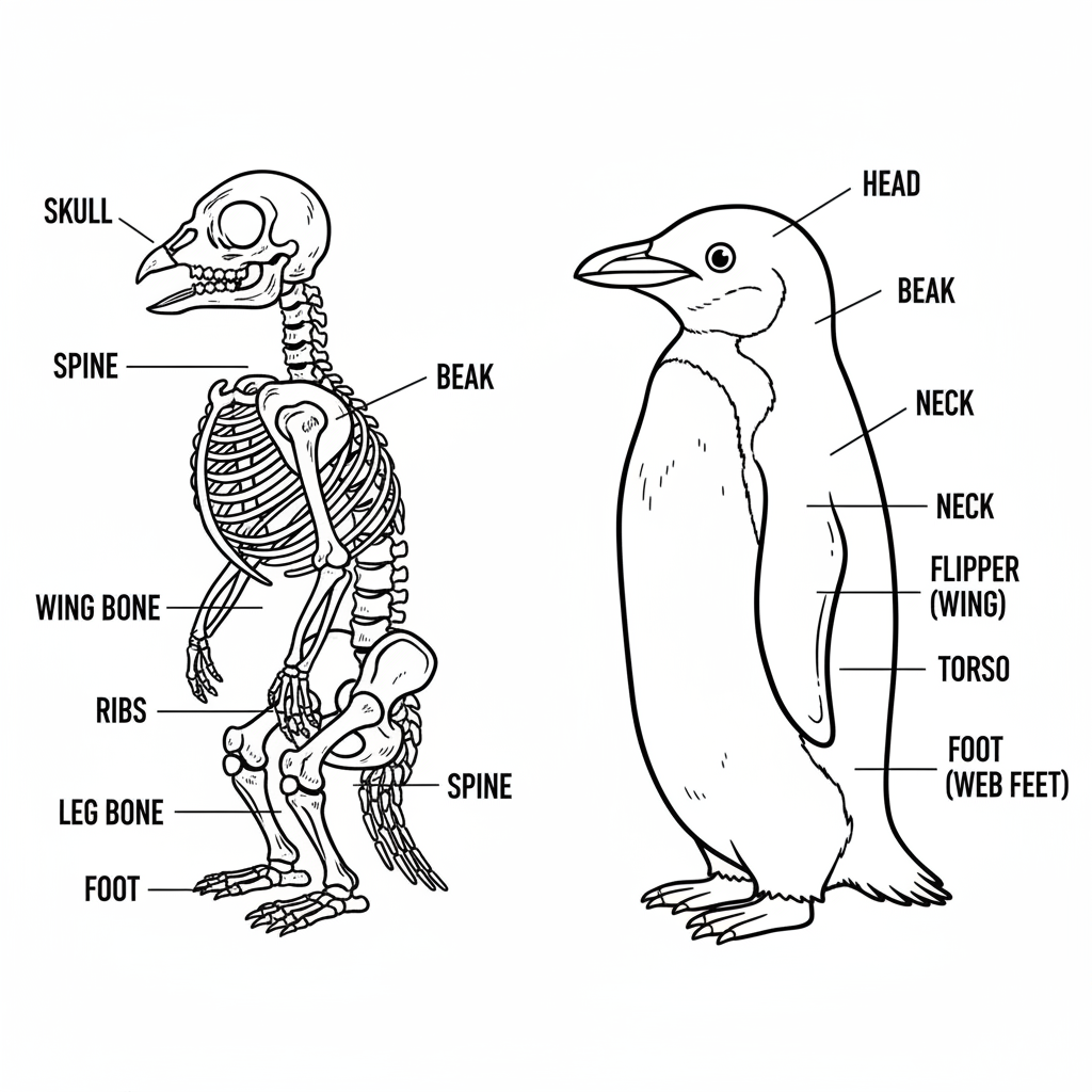 Penguin skeleton and anatomy educational diagram with labeled features - Free Printable Coloring Page