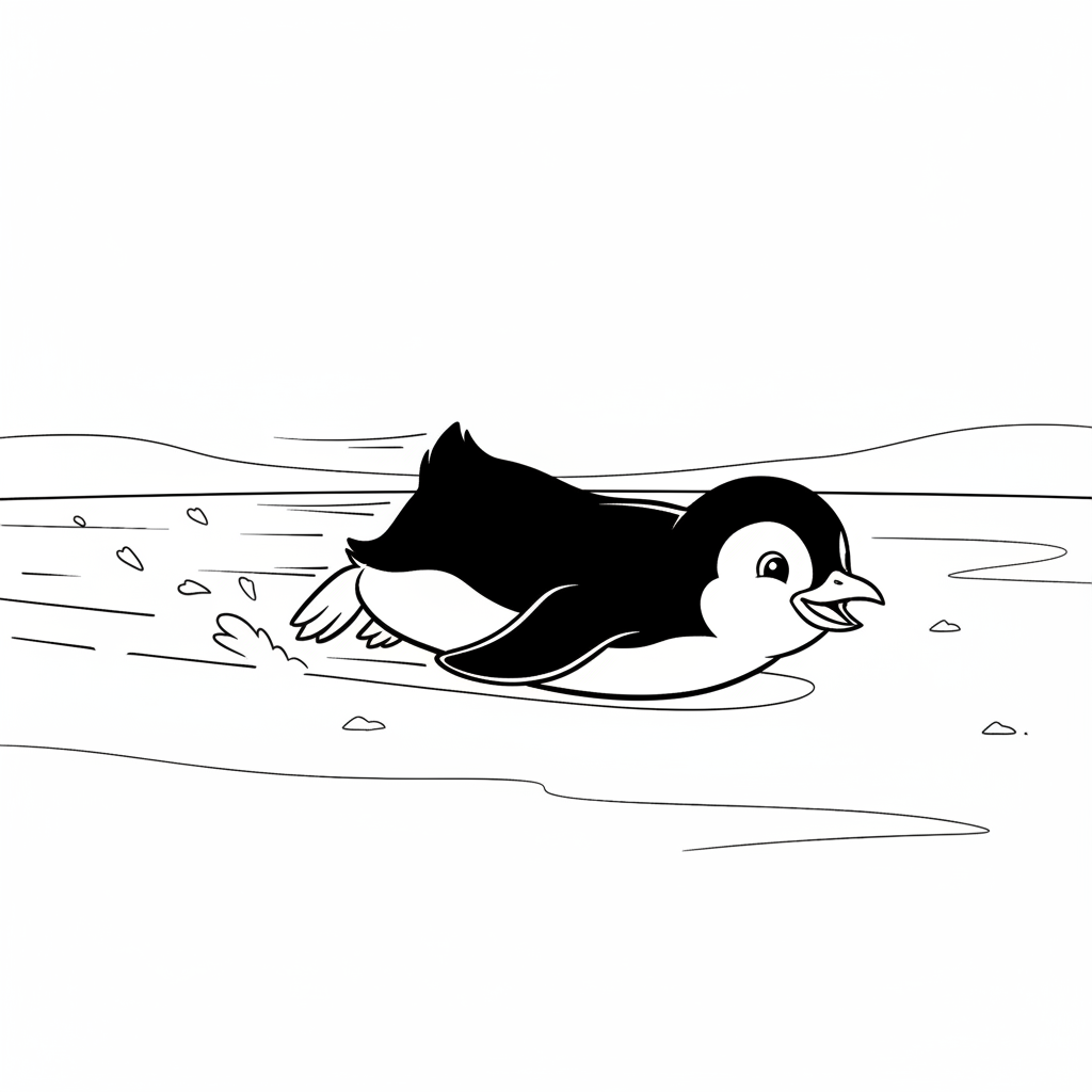 Penguin toboganning on its belly across flat ice at speed - Free Printable Coloring Page