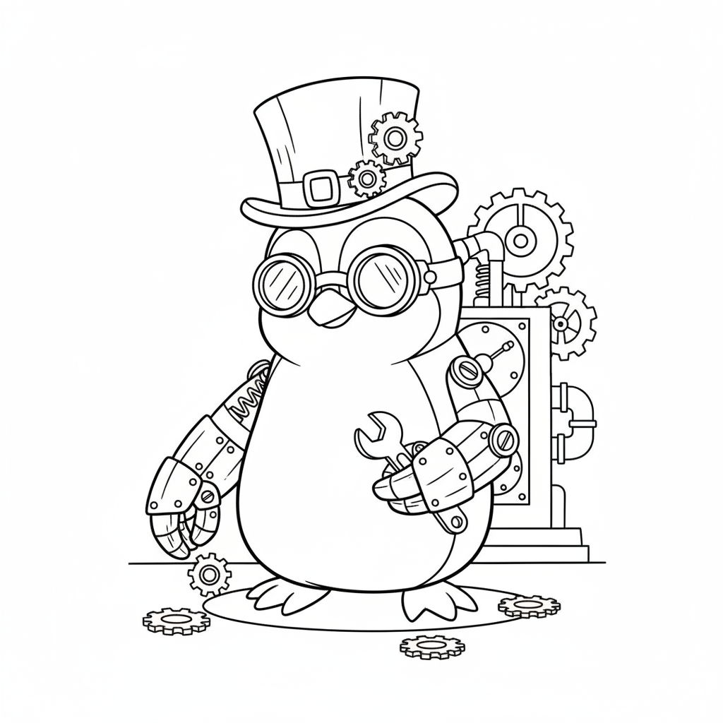 Steampunk penguin wearing goggles top hat and mechanical flipper attachments - Free Printable Coloring Page