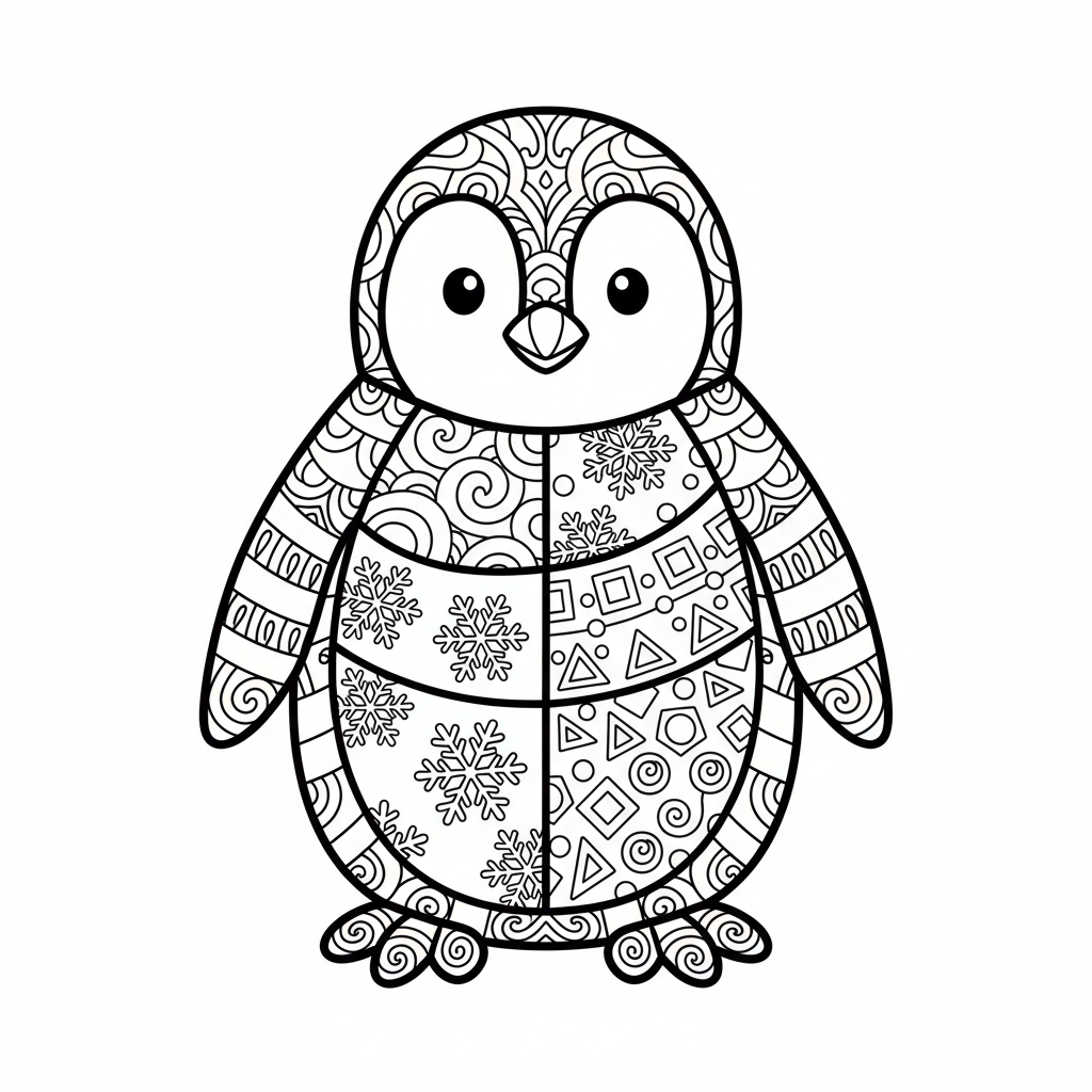 Zentangle penguin filled with wave patterns snowflakes and geometric shapes - Free Printable Coloring Page