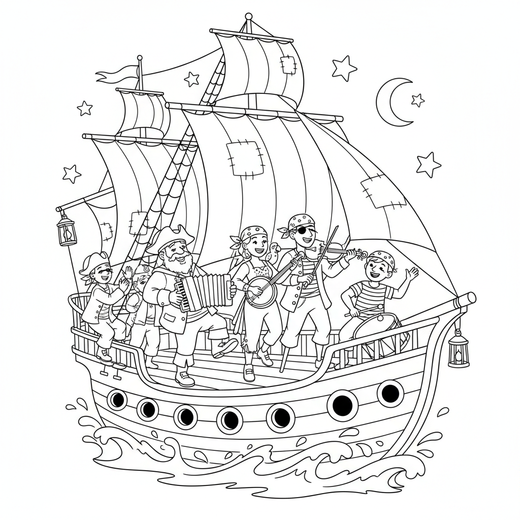 Un groupe de pirates joue des chants de marins lors d'une soirée musicale sur le pont. - Coloriage gratuit à imprimer