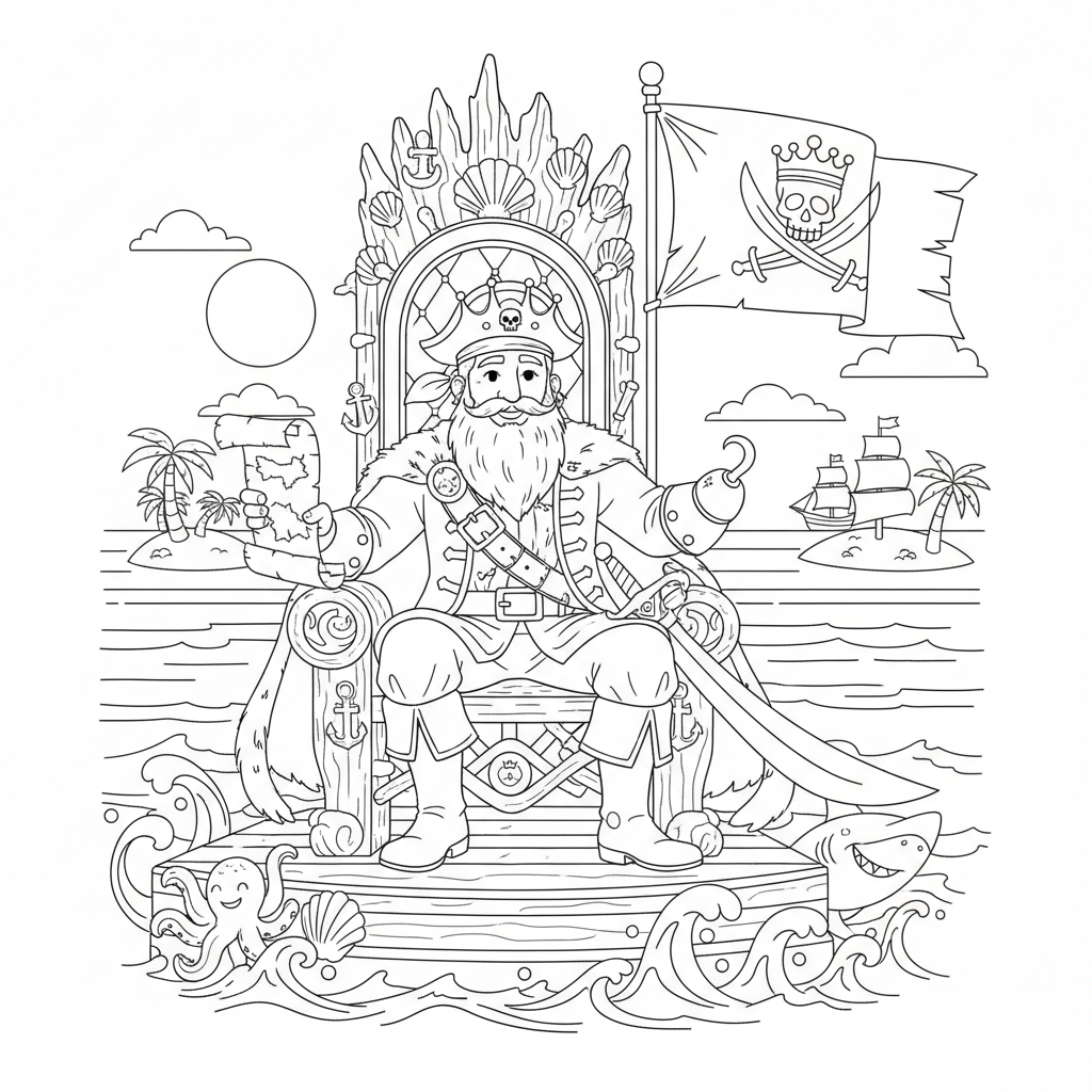 Pirate king on throne royal ruler seas - Free Printable Coloring Page Pirate king on throne royal ruler seas - Free Printable Coloring Page