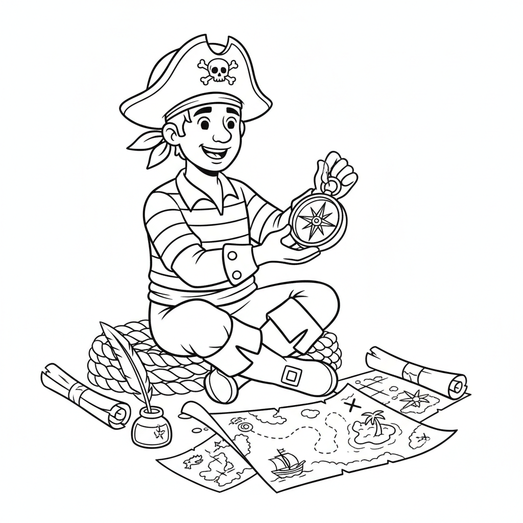 Pirate navigator with compass charts maps course - Free Printable Coloring Page Pirate navigator with compass charts maps course - Free Printable Coloring Page