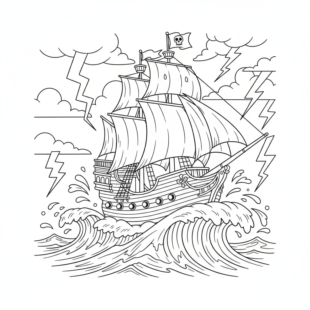 Barco pirata navegando a través de olas de tormenta y relámpagos dramáticos - Página para colorear gratis