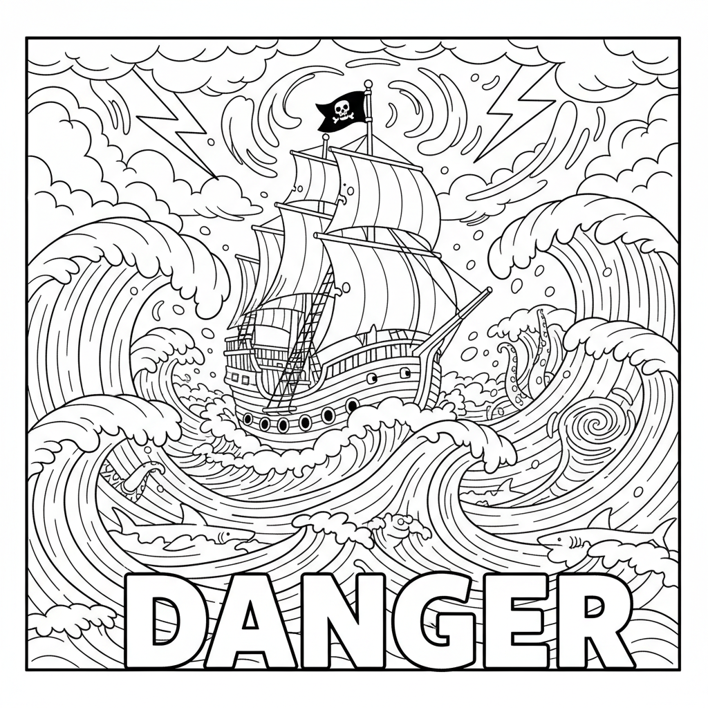 Pirates, tempête, mer agitée, vagues dangereuses - Coloriage gratuit à imprimer