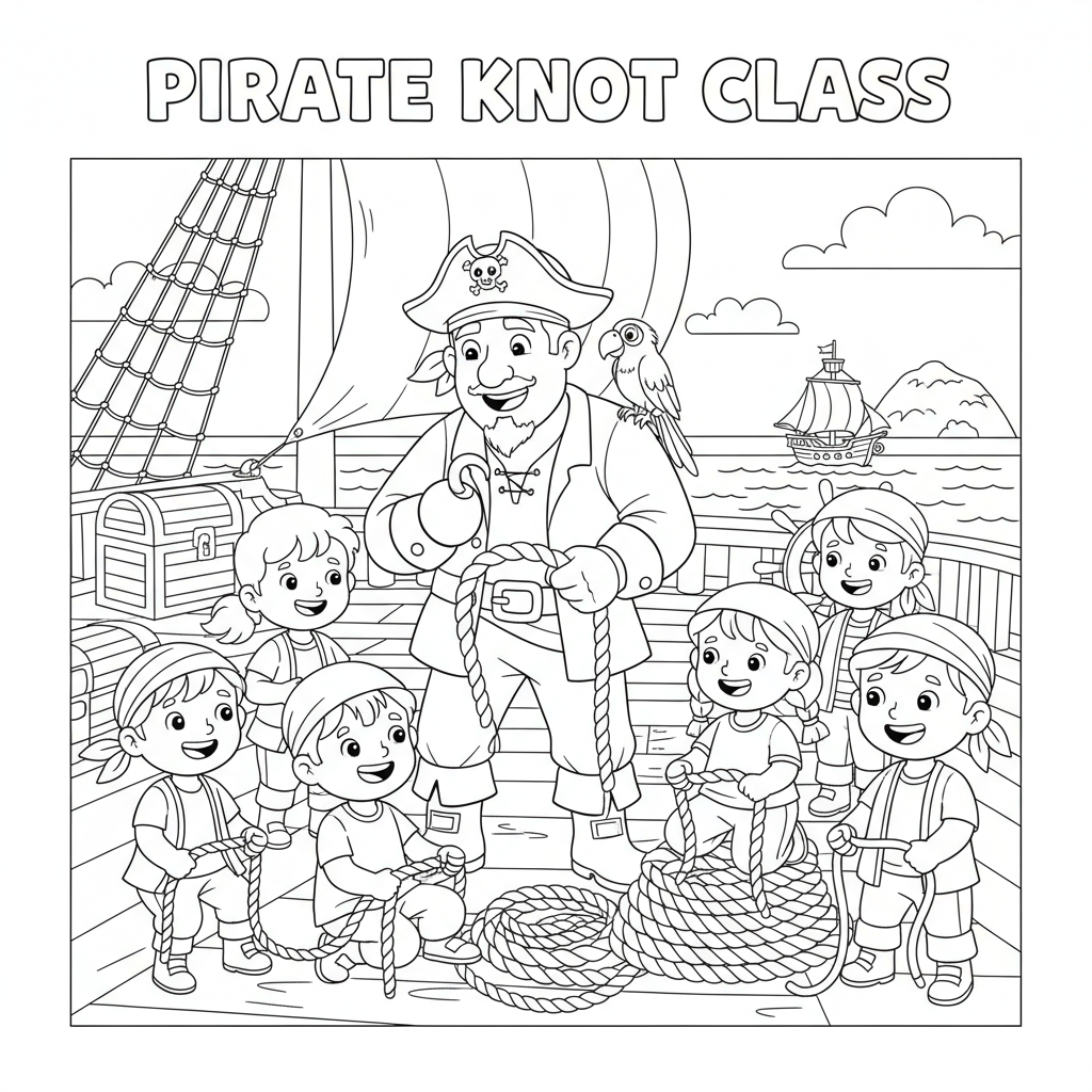 Un pirate enseigne aux jeunes pirates comment faire des nœuds lors d'un cours sur le pont - Coloriage gratuit à imprimer