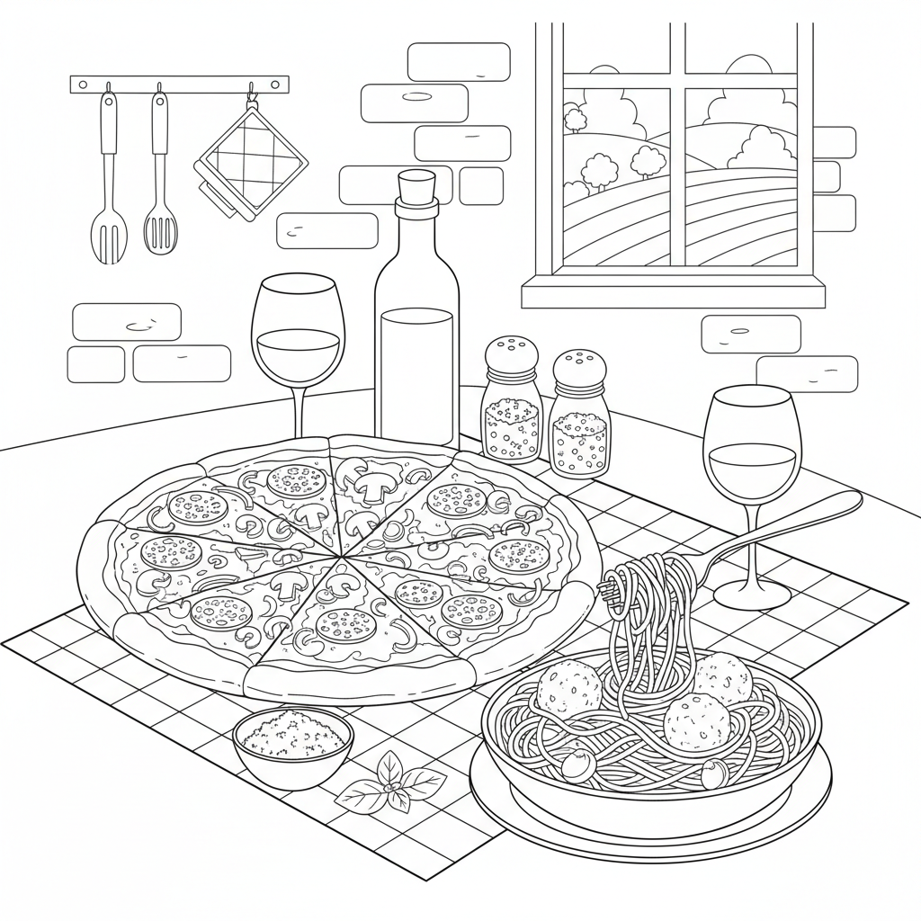Pizza And Pasta Dinner - Free Printable Coloring Page Pizza And Pasta Dinner - Free Printable Coloring Page