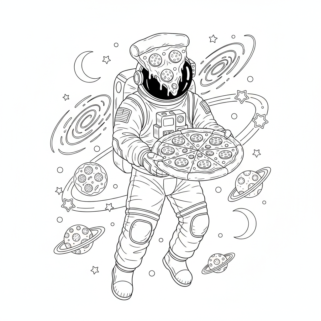 Pizza Astronaut In Space - Free Printable Coloring Page Pizza Astronaut In Space - Free Printable Coloring Page