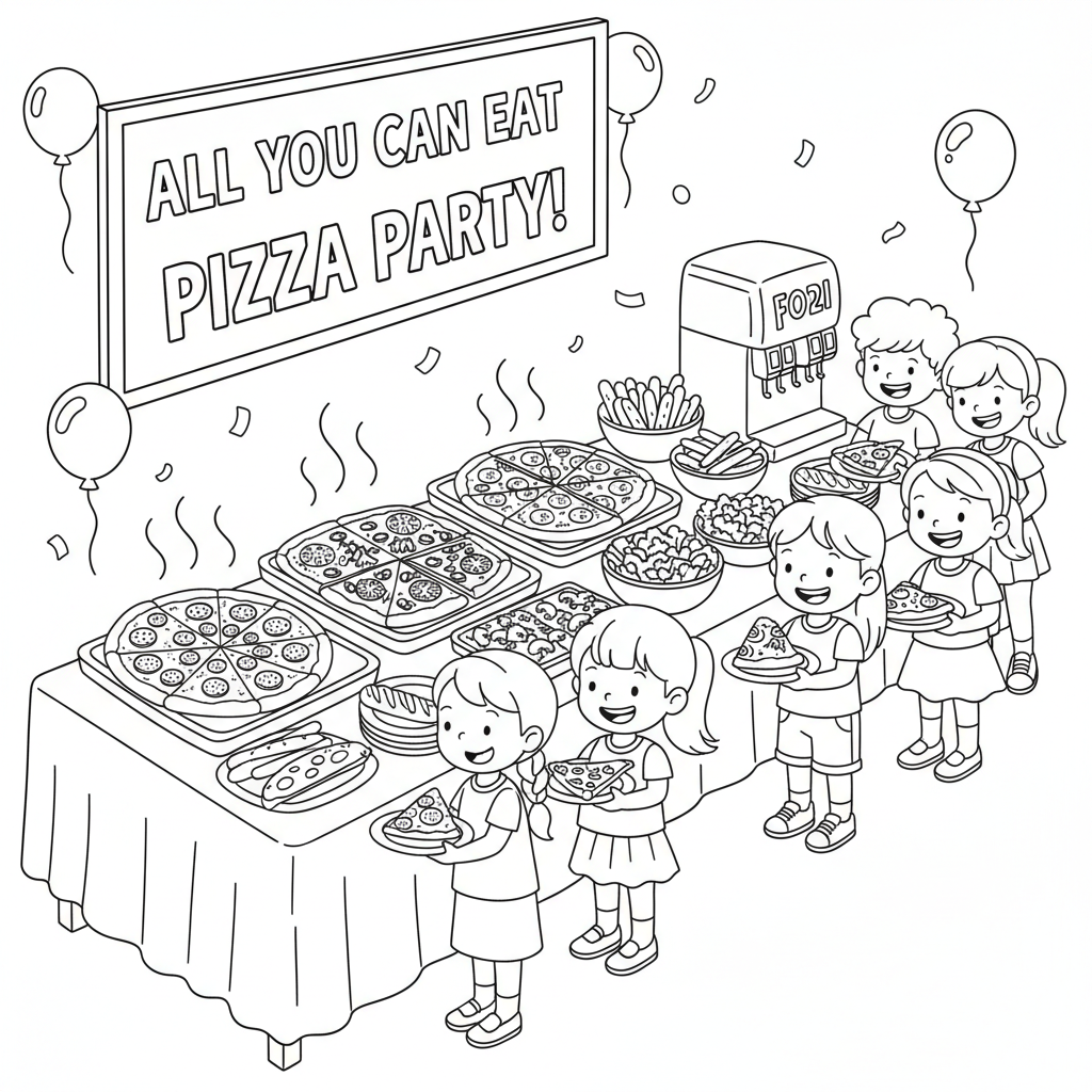 Pizza buffet all you can eat variety party - Free Printable Coloring Page