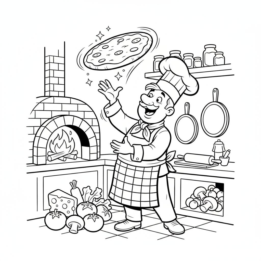 Pizza chef tossing dough high in air spinning kitchen - Free Printable Coloring Page Pizza chef tossing dough high in air spinning kitchen - Free Printable Coloring Page