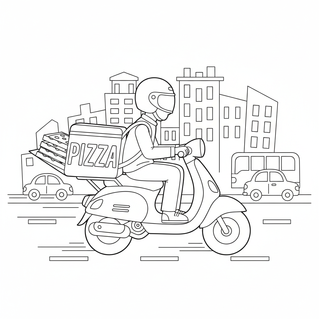 Pizza delivery scooter driver rushing through city streets - Free Printable Coloring Page Pizza delivery scooter driver rushing through city streets - Free Printable Coloring Page