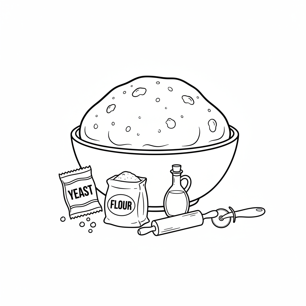 Pizza dough rising yeast fermentation preparation - Free Printable Coloring Page