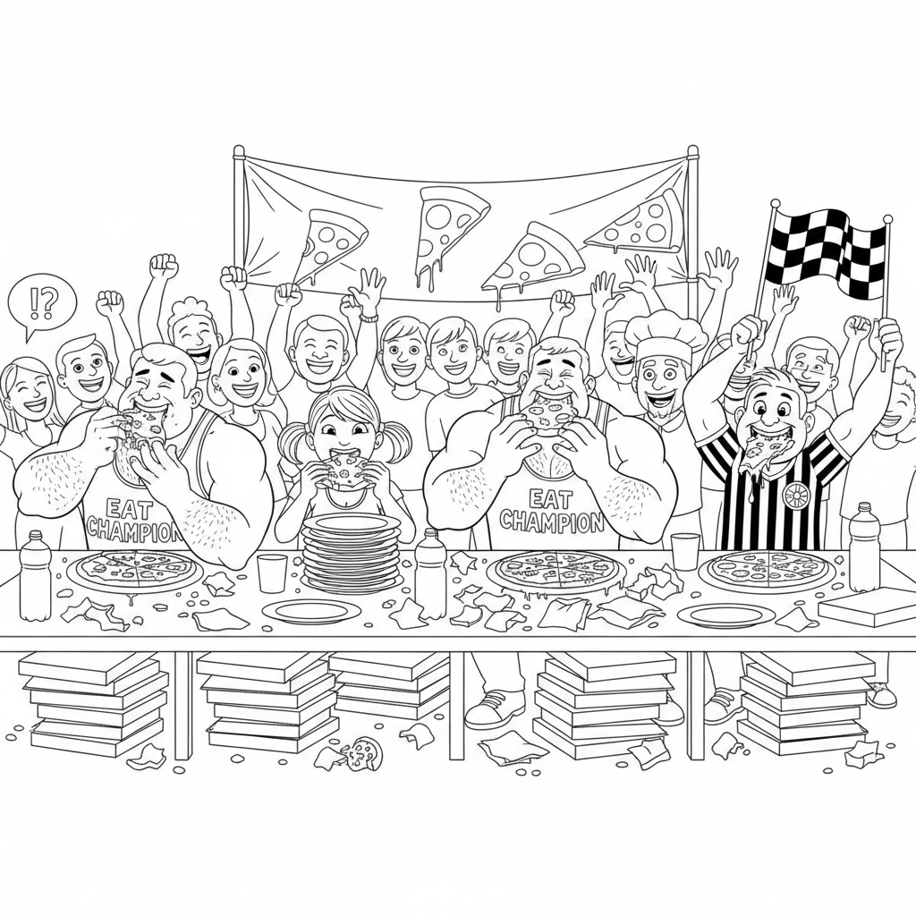 Pizza Eating Contest Scene - Free Printable Coloring Page Pizza Eating Contest Scene - Free Printable Coloring Page