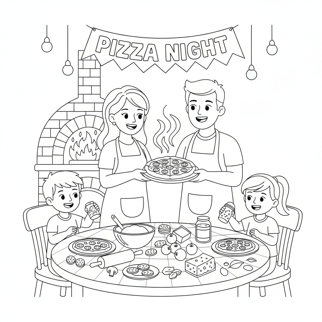 Pizza night family tradition gathering homemade - Free Printable Coloring Page