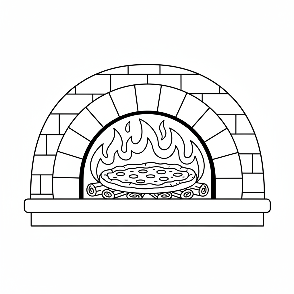 Pizza oven brick wood-fired flames baking golden crust - Free Printable Coloring Page
