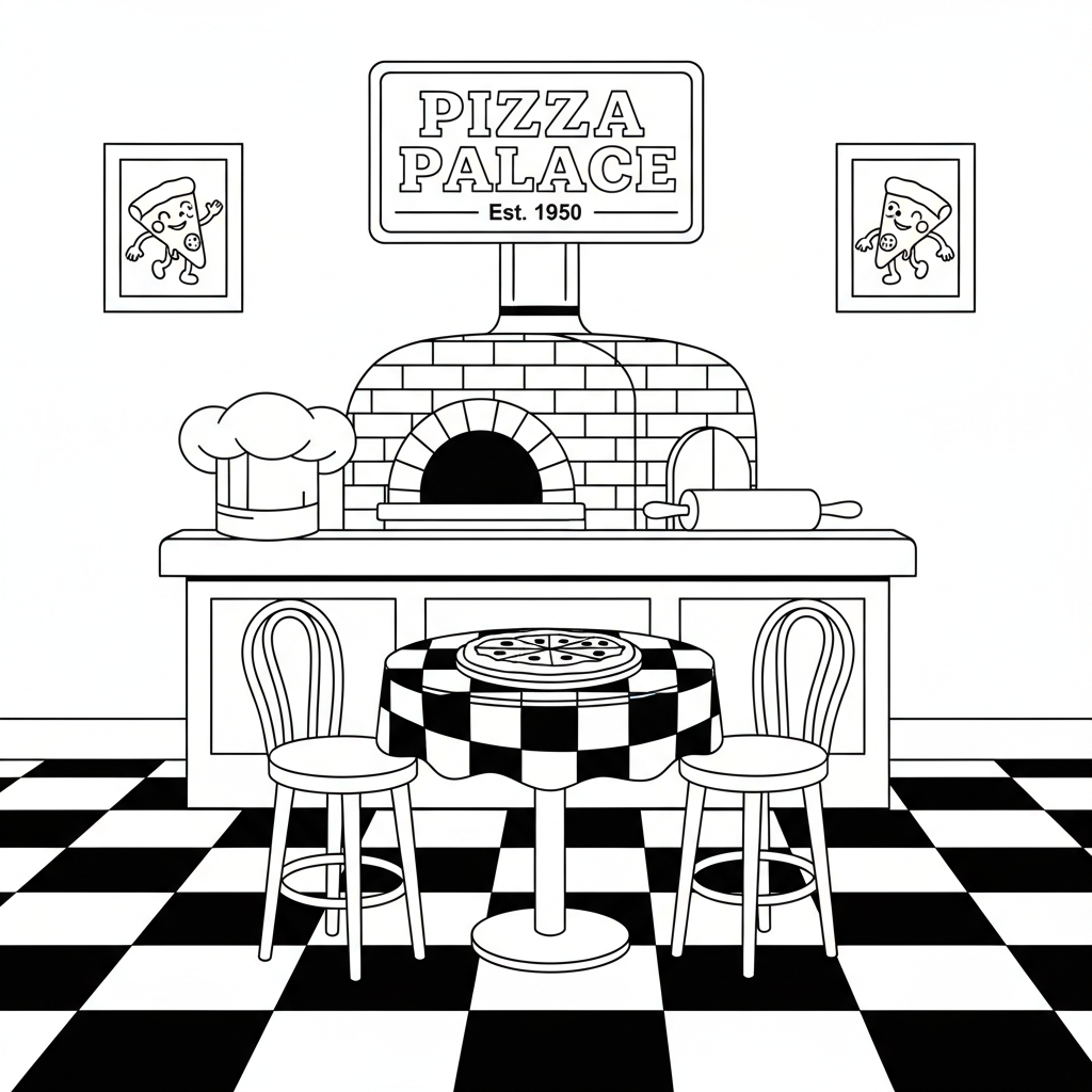 Pizza parlor vintage retro checkerboard floor style - Free Printable Coloring Page