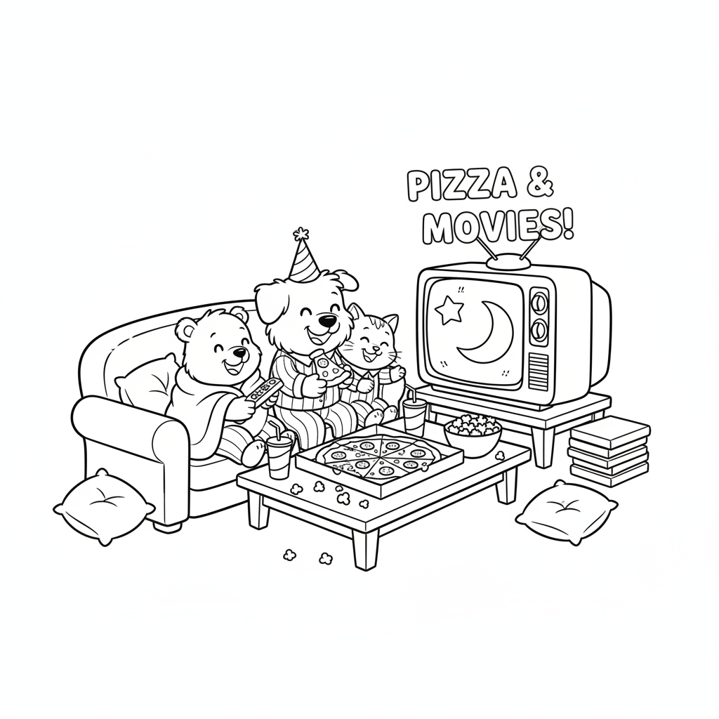 Pizza party friends sharing box movie night couch fun - Free Printable Coloring Page Pizza party friends sharing box movie night couch fun - Free Printable Coloring Page