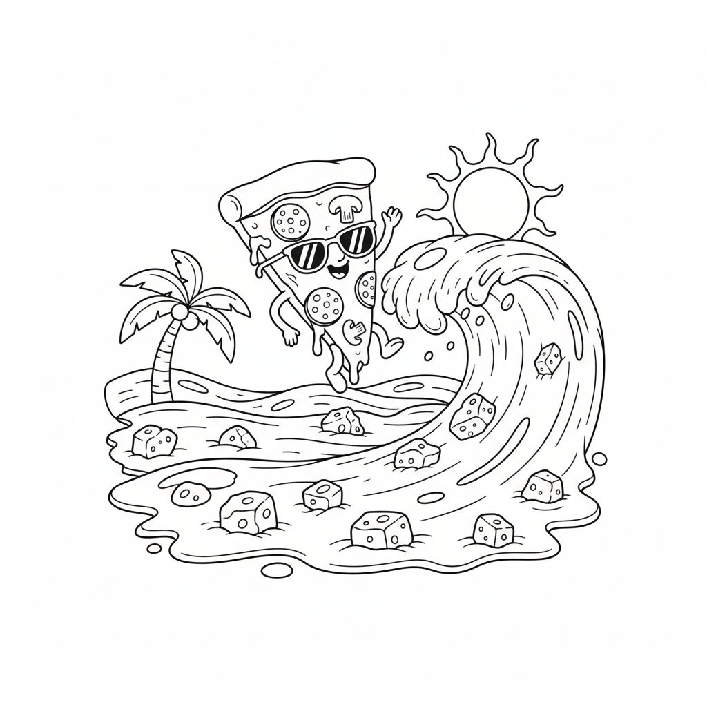 Pizza slice surfing on wave of melted cheese ocean - Free Printable Coloring Page Pizza slice surfing on wave of melted cheese ocean - Free Printable Coloring Page