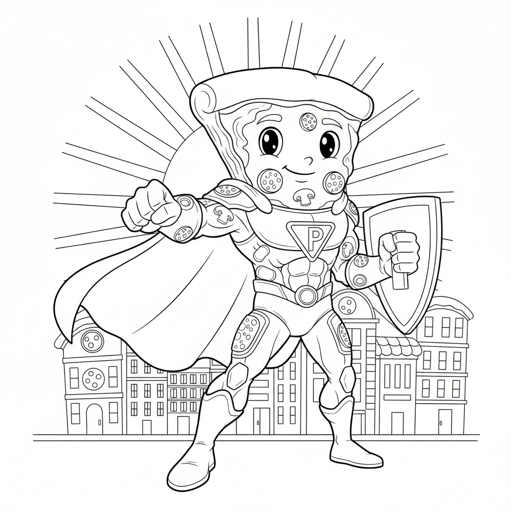 Pizza Superhero Character - Free Printable Coloring Page Pizza Superhero Character - Free Printable Coloring Page