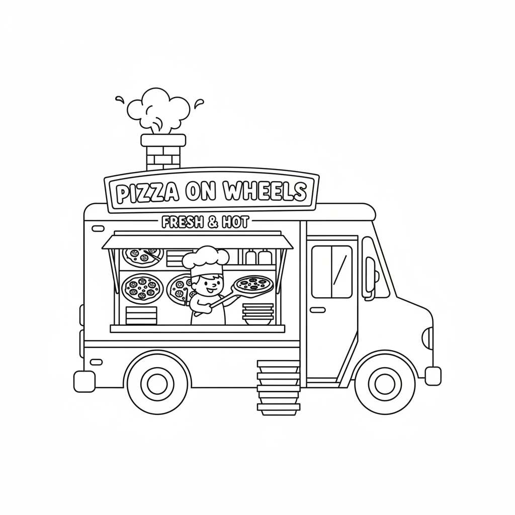 Pizza truck food truck mobile restaurant street - Free Printable Coloring Page