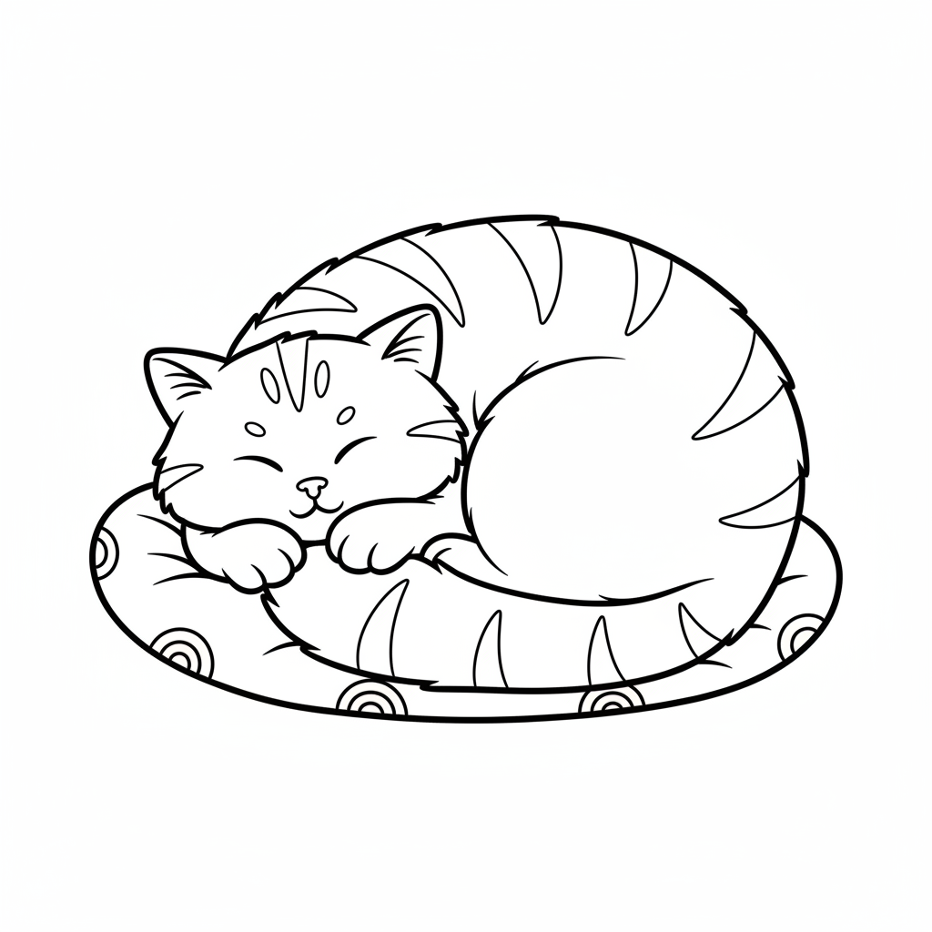 Eine süße, ganz normale Katze, die sich gemütlich zusammengerollt hat und ein Nickerchen macht. - Kostenloses druckbares Ausmalbild
