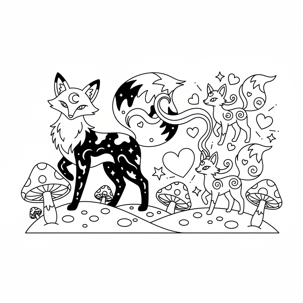 A dark moonlight fox creature and a pink psychic fox duo - Free Printable Coloring Page