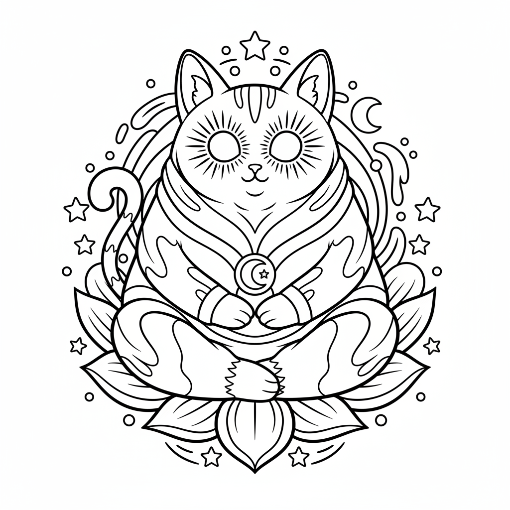 Ein hellseherisches Katzenwesen meditiert mit leuchtenden Augen - Free Printable Coloring Page