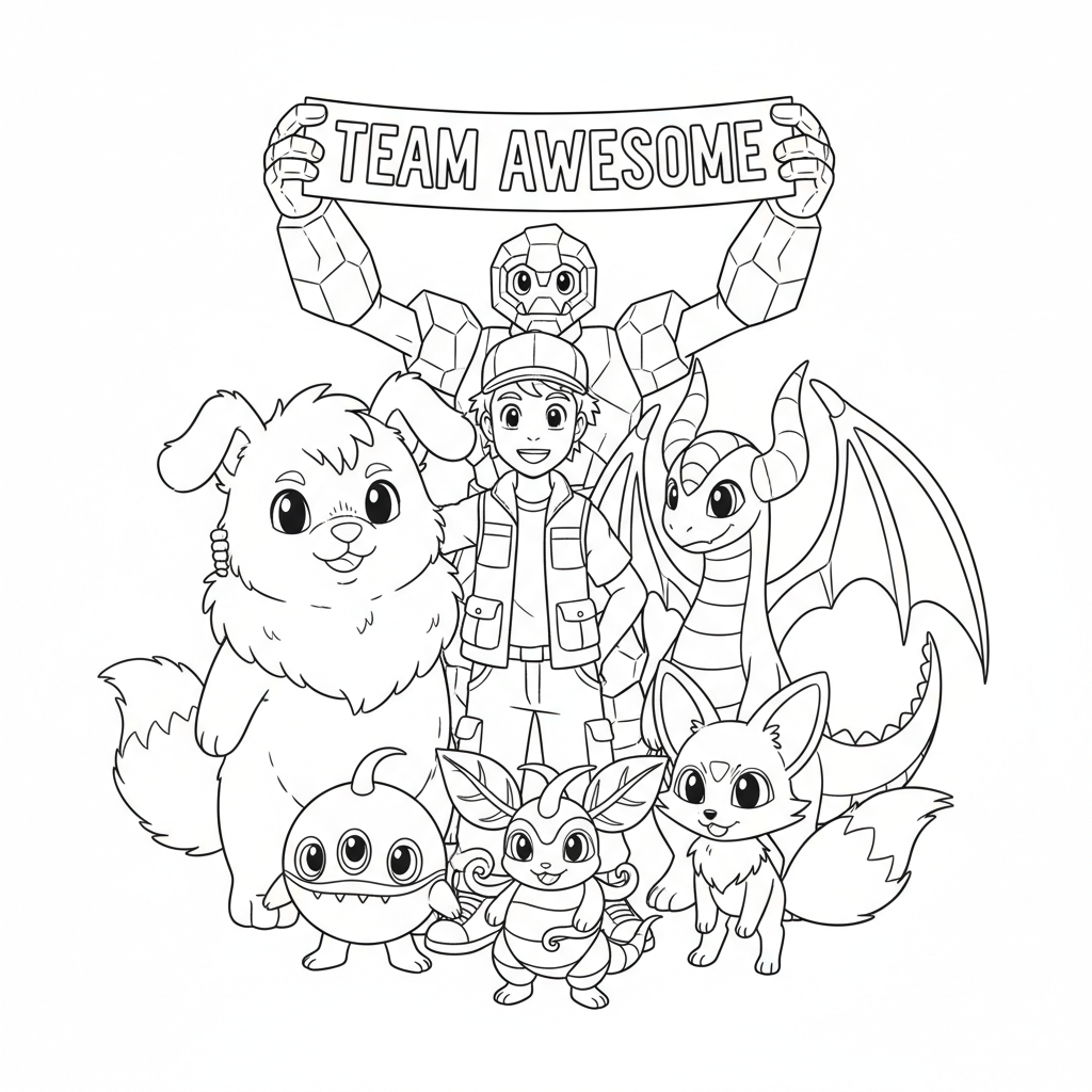 Ein Trainer mit sechs Tierfreunden – Teamporträt - Free Printable Coloring Page