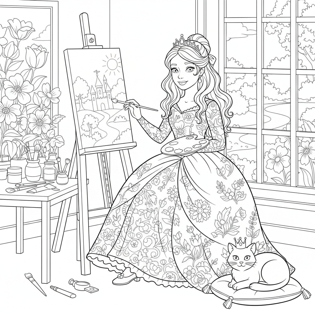 Princess Artist Painting - Free Printable Coloring Page Princess Artist Painting - Free Printable Coloring Page