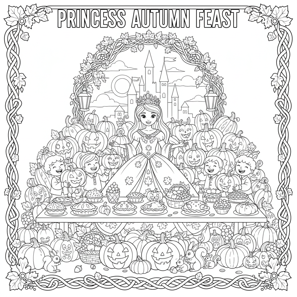 Fête des citrouilles de la princesse, célébration de la fête des récoltes d'automne - Coloriage gratuit à imprimer
