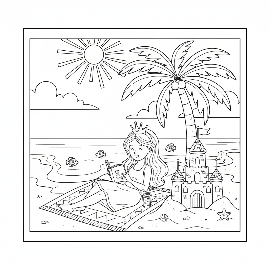 Princess beach vacation sandcastle summer relaxing tropical - Free Printable Coloring Page Princess beach vacation sandcastle summer relaxing tropical - Free Printable Coloring Page