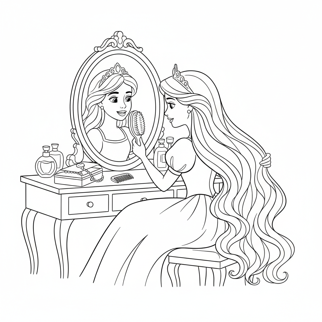 Scena in cui la principessa si spazzola i lunghi capelli davanti allo specchio. - Disegno da colorare gratuito