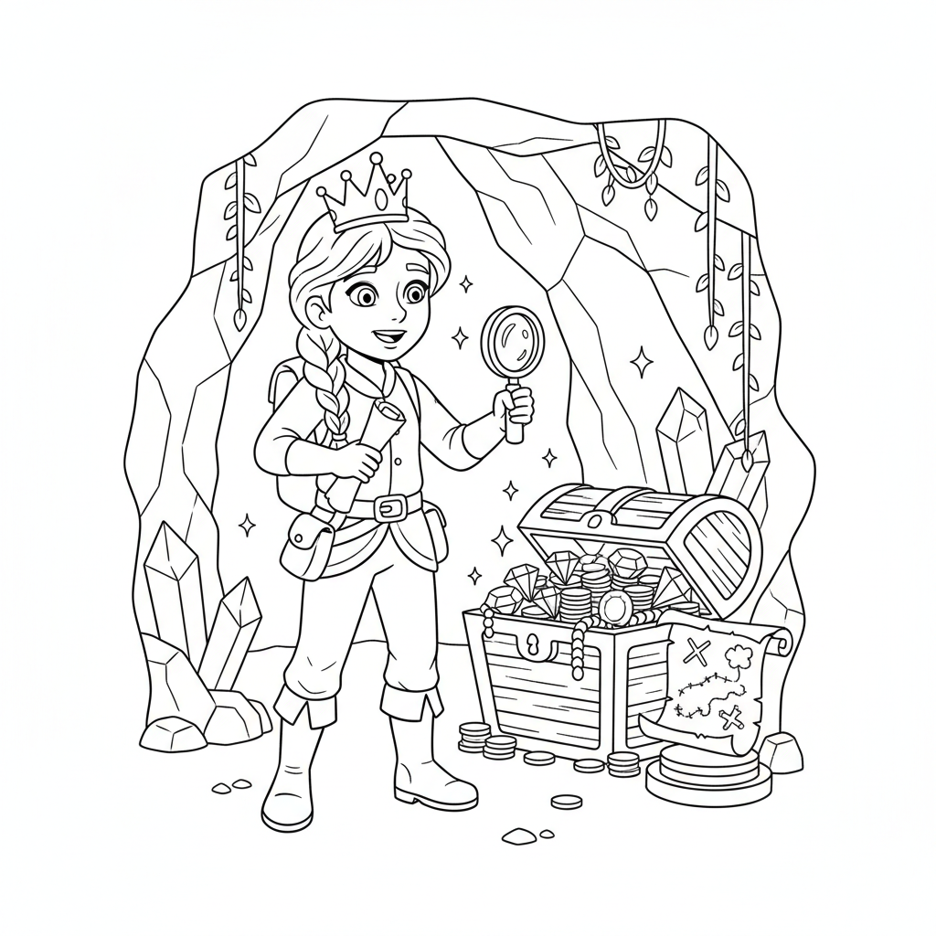 Principessa esploratrice scopre una grotta nascosta con una mappa del tesoro. - Disegno da colorare gratuito