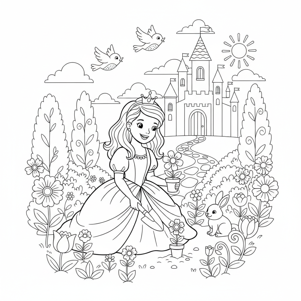 Princess gardening royal garden planting flowers nature - Free Printable Coloring Page