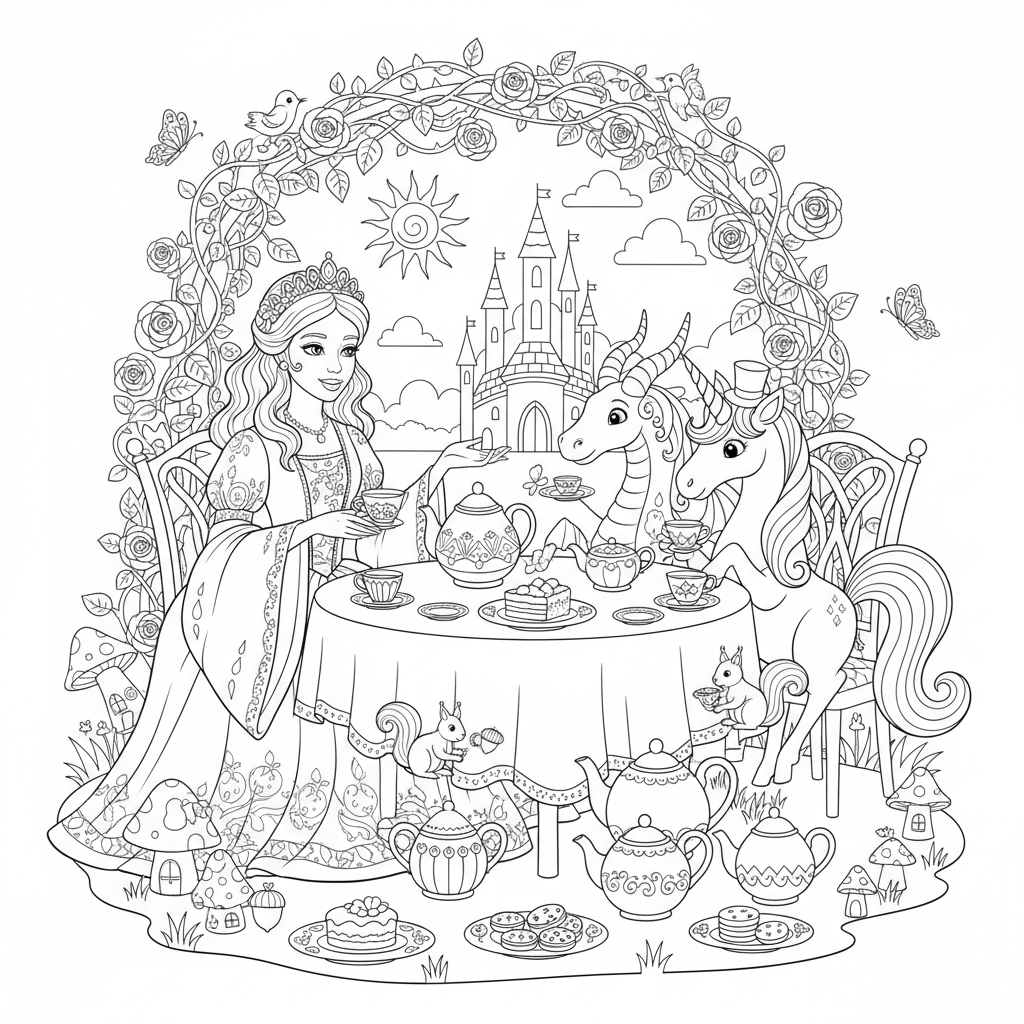 Princess Coloring Menu Princess Having Tea Party Coloring Page - Free Printable