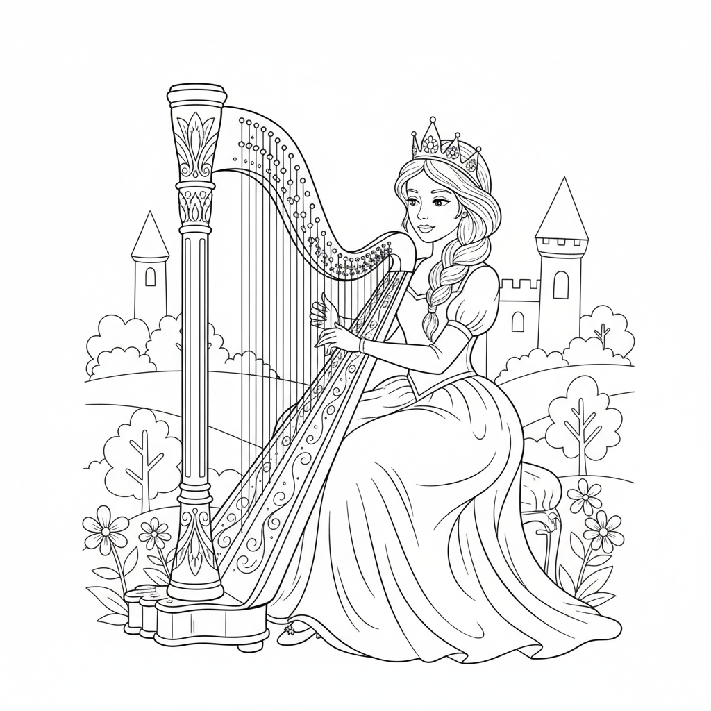 Princess Musician Playing Harp - Free Printable Coloring Page Princess Musician Playing Harp - Free Printable Coloring Page