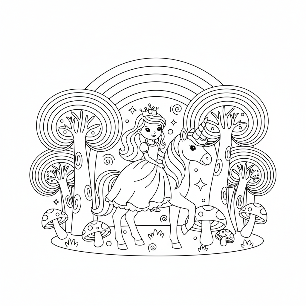 Princess riding unicorn through enchanted rainbow forest - Free Printable Coloring Page