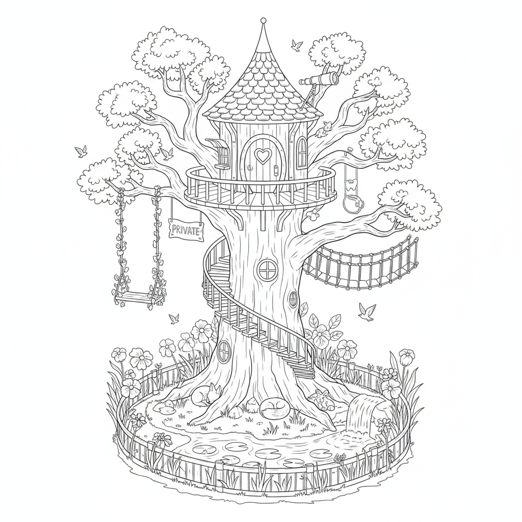 Rifugio segreto della principessa, casa sull'albero, rifugio privato e tranquillo - Disegno da colorare gratuito