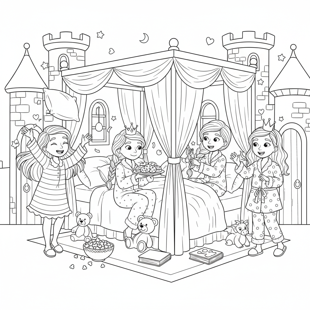 Festa di pigiama party da principessa con le amiche, pigiama e castello di divertimento - Disegno da colorare gratuito