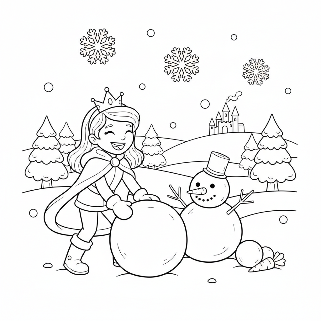 Journée de neige pour les princesses qui jouent à construire un bonhomme de neige en hiver - Coloriage gratuit à imprimer
