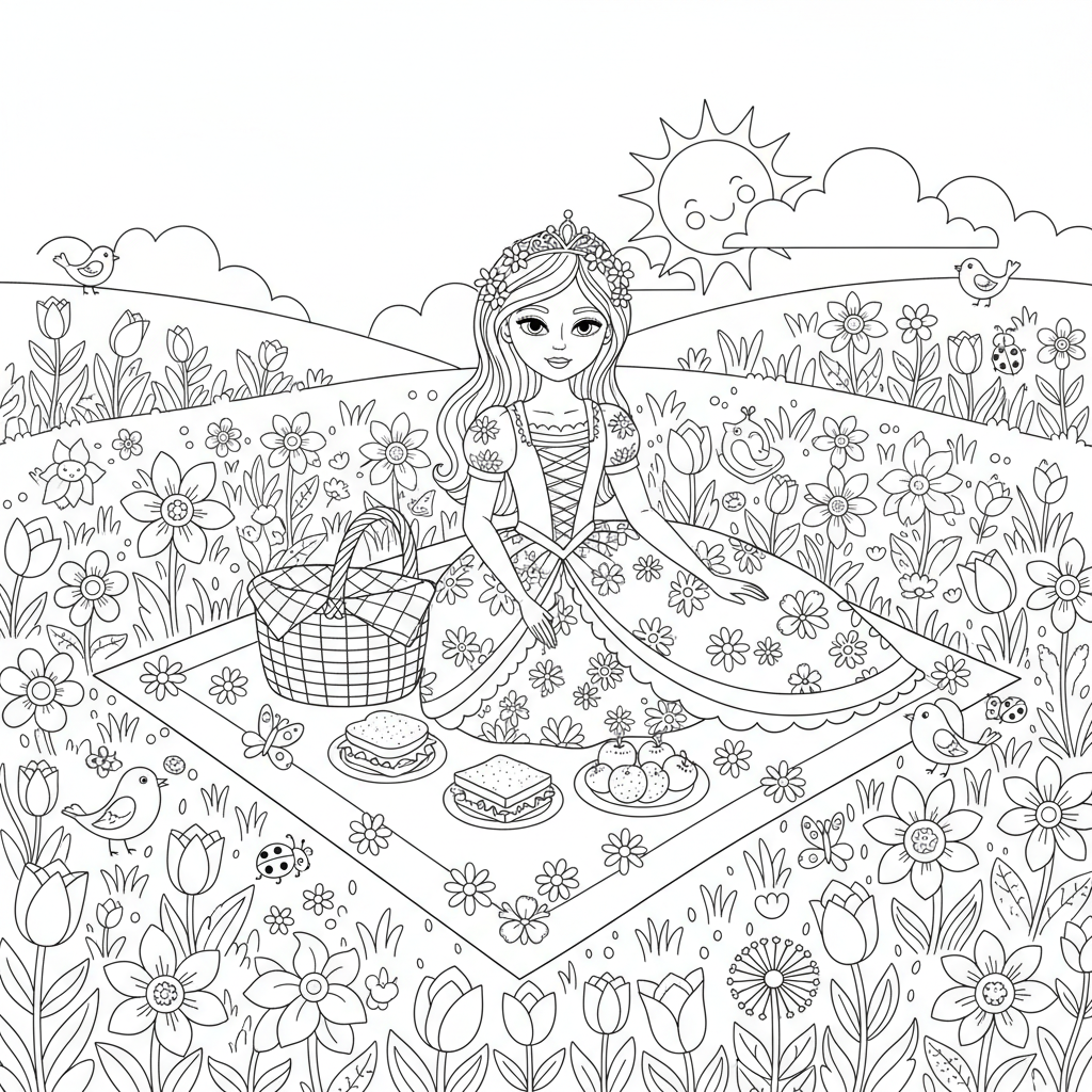 Princess spring picnic flower meadow blanket basket - Free Printable Coloring Page