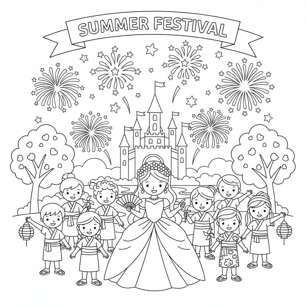 Princess summer festival fireworks celebration night - Free Printable Coloring Page