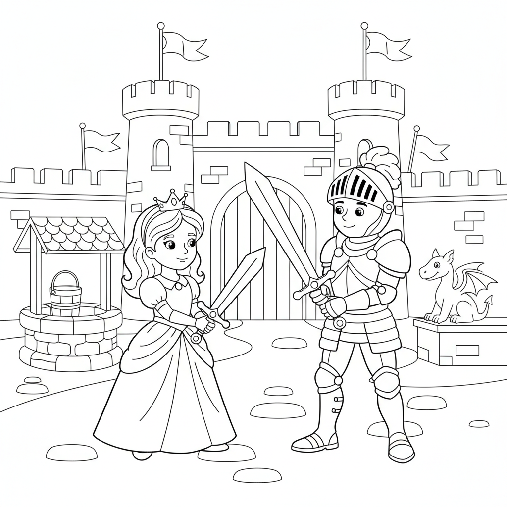 La principessa si allena con la spada insieme al cavaliere nel cortile del castello. - Disegno da colorare gratuito