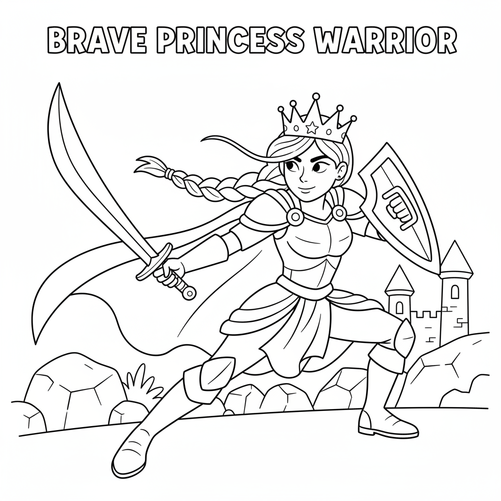 Warrior princess with sword brave strong fighting - Free Printable Coloring Page