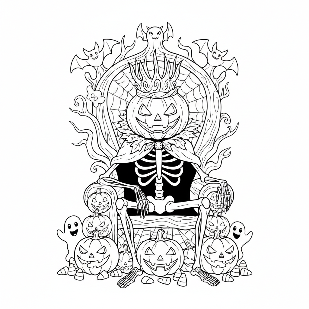 Pumpkin king wearing crown on throne Halloween royal - Free Printable Coloring Page