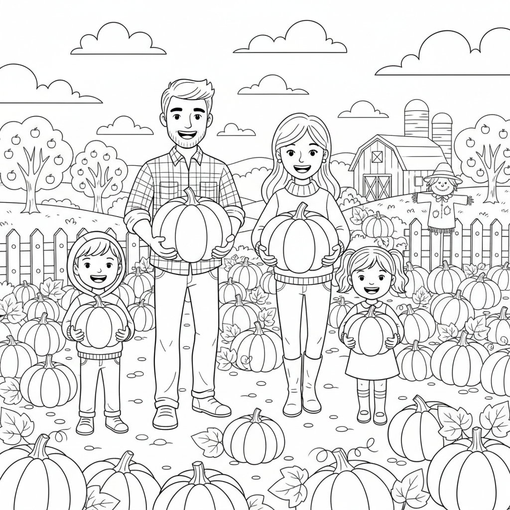 Pumpkin picking activity family fun fall tradition - Free Printable Coloring Page